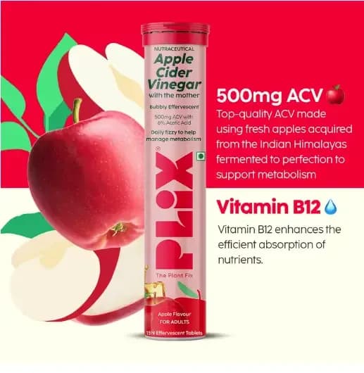 Plix Apple Cider Vinegar Apple Flavour Effervescent Tablets (15 Tablets)